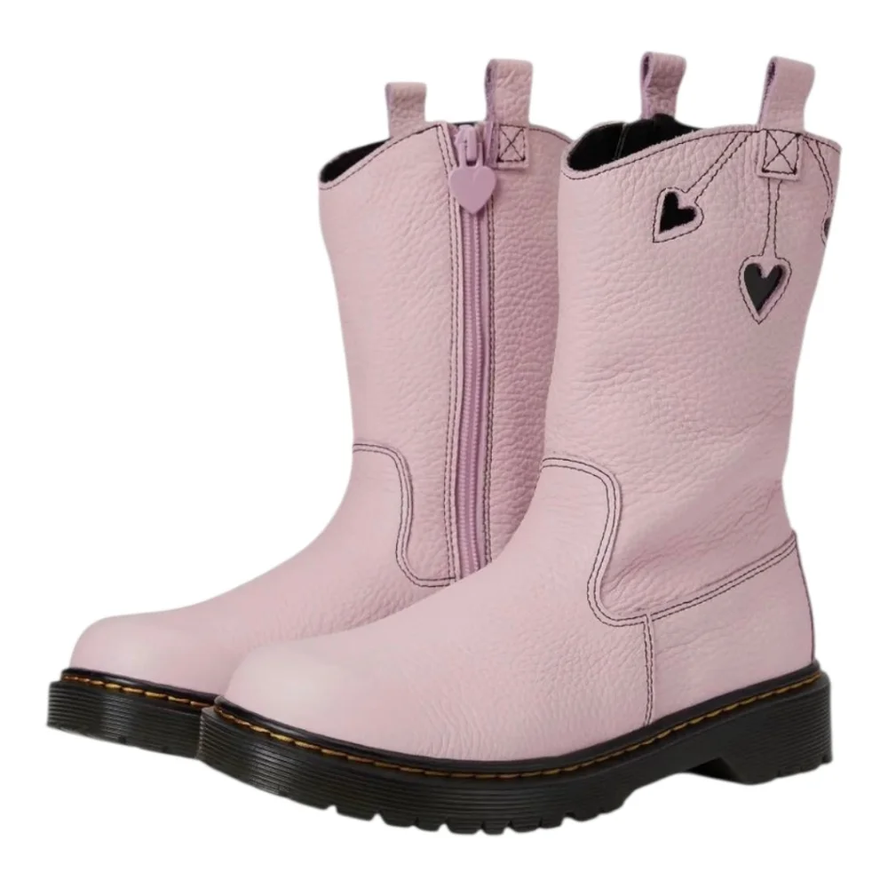 Pink Heart Detail Leather Boots Moto Western Style Cute‎ Grunge